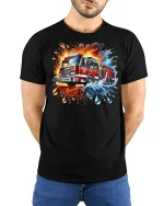 Fire Truck Graphic T-Shirt - model with hands behind back, wearing Black T-shirt and blue jeans
