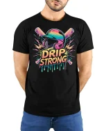 Drip Strong Baseball T-Shirt - model with hands behind back, wearing Black T-shirt and blue jeans
