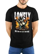 Lonely Hand of Fire Graphic Tee - model with hands behind back, wearing Black T-shirt and blue jeans