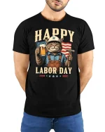 Happy Labor Day Cat Tee - model with hands behind back, wearing Black T-shirt and blue jeans