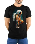 Retro Astronaut Graphic Tee - model with hands behind back, wearing Black T-shirt and blue jeans