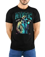 Mystic Detective Weird Case T-Shirt - model with hands behind back, wearing Black T-shirt and blue jeans