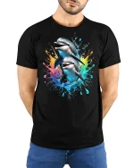 Playful Dolphin Splash Ocean T-Shirt - model with hands behind back, wearing Black T-shirt and blue jeans