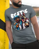 Funny Dog Bestie T-Shirt - model leaning on yellow-black pole, wearing Gray T-shirt, hand in pocket