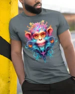 Psychedelic Monkey Art T-Shirt - model leaning on yellow-black pole, wearing Gray T-shirt, hand in pocket