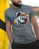 Majestic Tiger Head Graphic T-Shirt - model leaning on yellow-black pole, wearing Gray T-shirt, hand in pocket