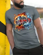 Fire Truck Graphic T-Shirt - model leaning on yellow-black pole, wearing Gray T-shirt, hand in pocket