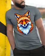 Vibrant Fox Face T-Shirt - model leaning on yellow-black pole, wearing Gray T-shirt, hand in pocket