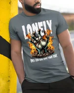 Lonely Hand of Fire Graphic Tee - model leaning on yellow-black pole, wearing Gray T-shirt, hand in pocket