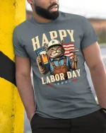 Happy Labor Day Cat Tee - model leaning on yellow-black pole, wearing Gray T-shirt, hand in pocket