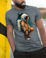 Retro Astronaut Graphic Tee - model leaning on yellow-black pole, wearing Gray T-shirt, hand in pocket