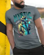 Mystic Detective Weird Case T-Shirt - model leaning on yellow-black pole, wearing Gray T-shirt, hand in pocket