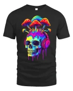 Mushroom Skull Headphones T-Shirt - black t-shirt on white background