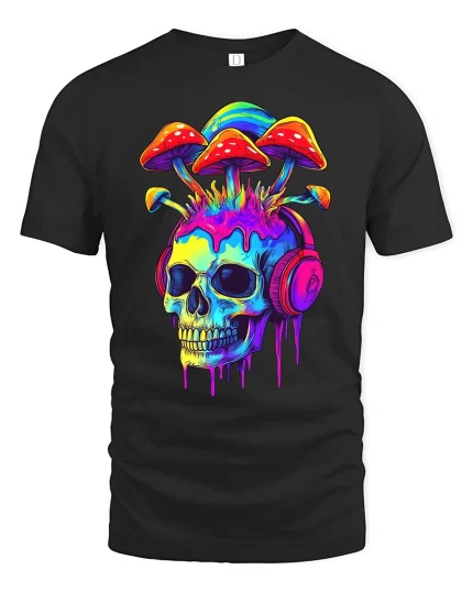 Mushroom Skull Headphones T-Shirt - black t-shirt on white background