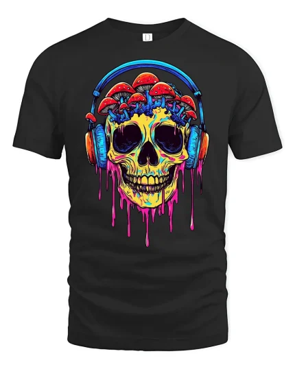 Trippy Skull Mushroom Headphones Tee - black t-shirt on white background