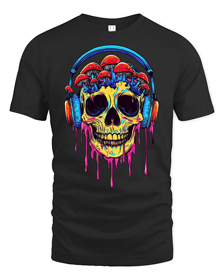 Trippy Skull Mushroom Headphones Tee - 1 Trippy Skull Mushroom Headphones Tee - black t-shirt on white background