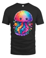 Cute Rainbow Jellyfish Kawaii T-Shirt - black t-shirt on white background