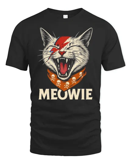 Meowie Rockstar Cat Funny T-Shirt - black t-shirt on white background