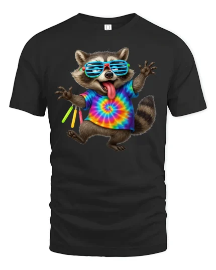 Party Raccoon Tie Dye T-Shirt - black t-shirt on white background