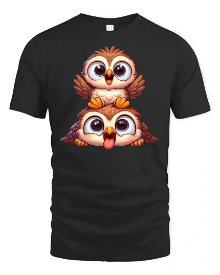 Cute Cartoon Owl Duo Tee - black t-shirt on white background