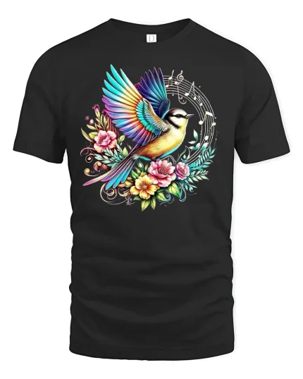 Colorful Bird Music Tee - black t-shirt on white background