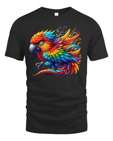 Vibrant Parrot Graphic Tee - black t-shirt on white background