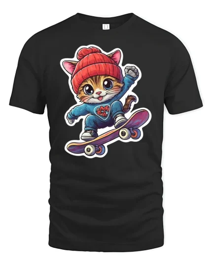 Cool Skateboarding Cat Tee - black t-shirt on white background