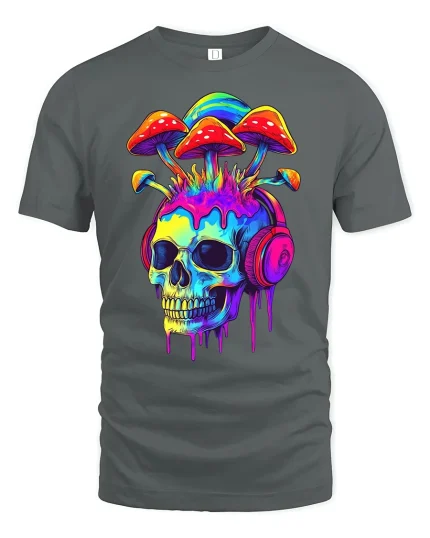 Mushroom Skull Headphones T-Shirt - gray t-shirt on white background
