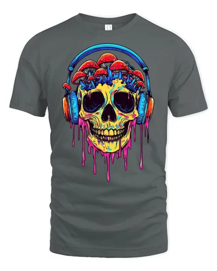 Trippy Skull Mushroom Headphones Tee - gray t-shirt on white background