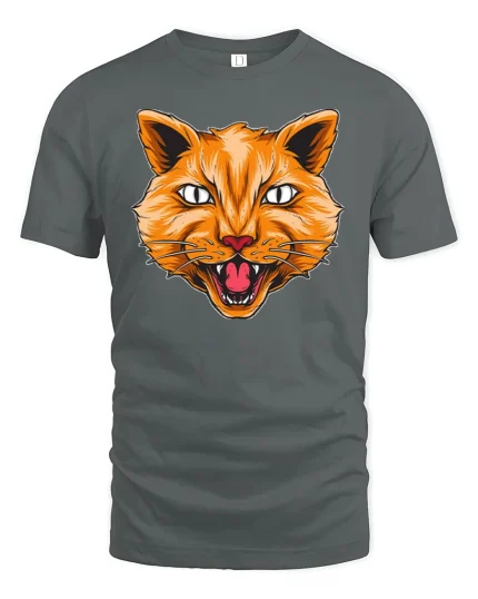 Angry Cat Face Graphic T-Shirt - gray t-shirt on white background