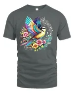 Colorful Bird Music Tee - gray t-shirt on white background