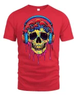 Trippy Skull Mushroom Headphones Tee - red t-shirt on white background