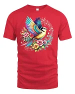 Colorful Bird Music Tee - red t-shirt on white background