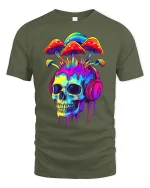 Mushroom Skull Headphones T-Shirt - military green t-shirt on white background