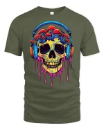 Trippy Skull Mushroom Headphones Tee - military green t-shirt on white background