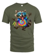 Party Raccoon Tie Dye T-Shirt - military green t-shirt on white background