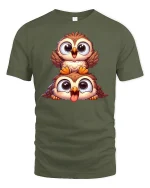 Cute Cartoon Owl Duo Tee - military green t-shirt on white background