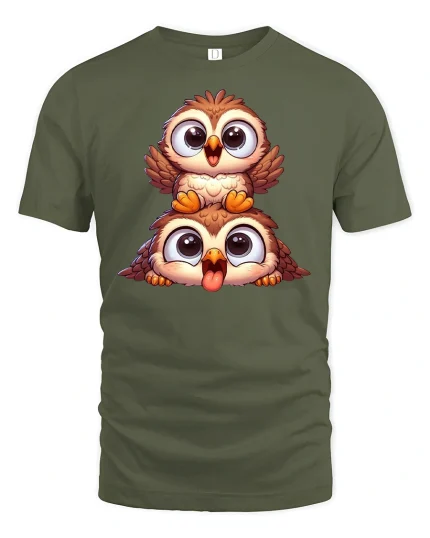 Cute Cartoon Owl Duo Tee - military green t-shirt on white background