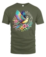 Colorful Bird Music Tee - military green t-shirt on white background