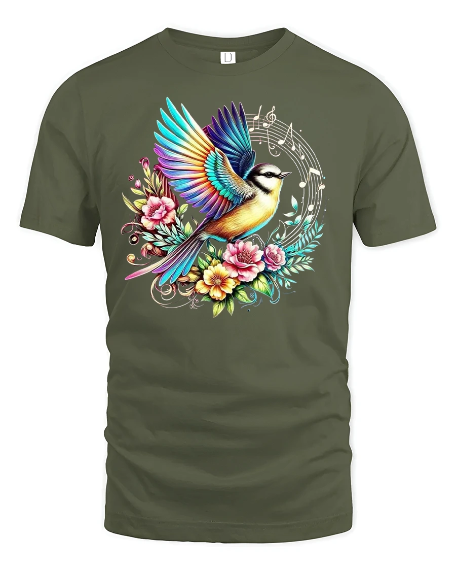 Colorful Bird Music Tee - 1 Colorful Bird Music Tee - military green t-shirt on white background