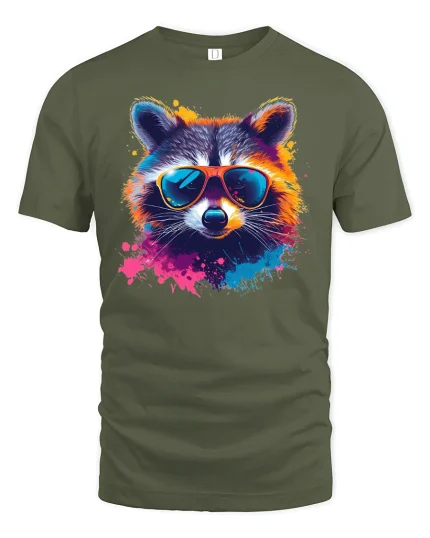 Cool Raccoon Sunglasses Tee - military green t-shirt on white background