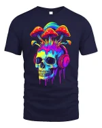 Mushroom Skull Headphones T-Shirt - navy t-shirt on white background