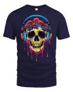 Trippy Skull Mushroom Headphones Tee - navy t-shirt on white background