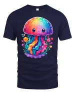 Cute Rainbow Jellyfish Kawaii T-Shirt - navy t-shirt on white background