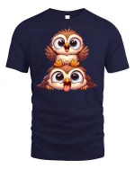 Cute Cartoon Owl Duo Tee - navy t-shirt on white background
