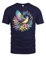 Colorful Bird Music Tee - navy t-shirt on white background