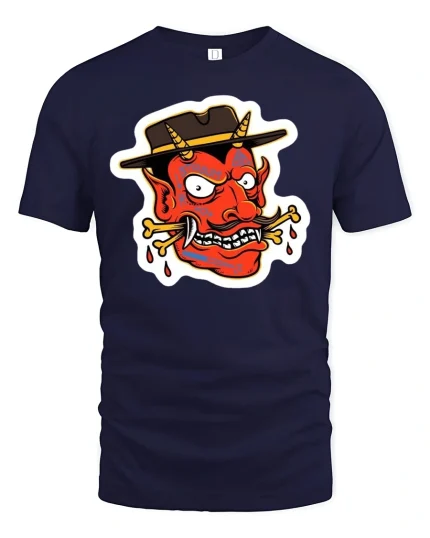 Retro Cartoon Devil Head Tee - navy t-shirt on white background