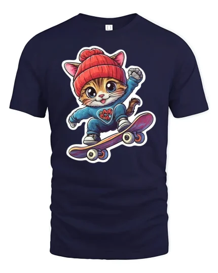 Cool Skateboarding Cat Tee - navy t-shirt on white background
