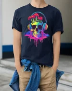 Trippy Skull T-Shirt - model wearing Navy T-shirt, hands in pockets, denim shirt at waist