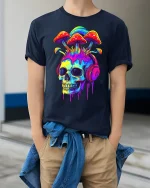 Mushroom Skull Headphones T-Shirt - model wearing Navy T-shirt, hands in pockets, denim shirt at waist